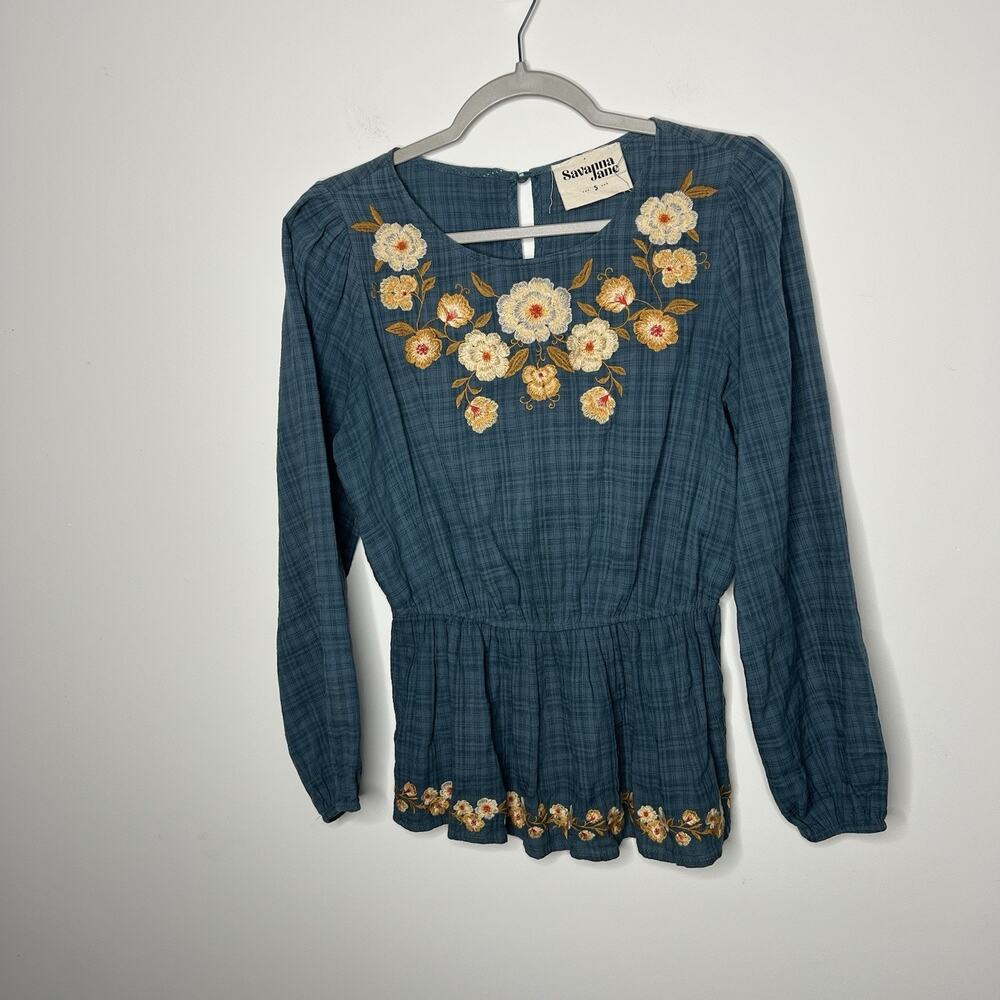 Savannah Jane Top Womens Small Blue‎ Embroidered Floral Peasant Peplum Cotton